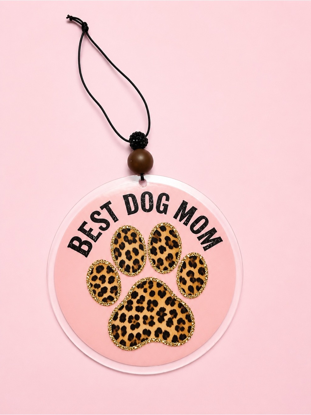 Best Dog Mom Leopard Paw Hanging Car Charm- Pink 4in